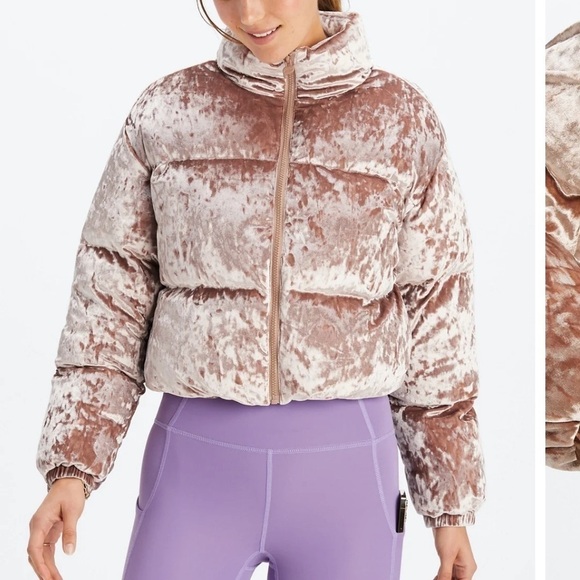 Fabletics Jackets & Blazers - Fabletics Wander Crushed Velour Cropped Puffer Jacket XXS Rose Gold